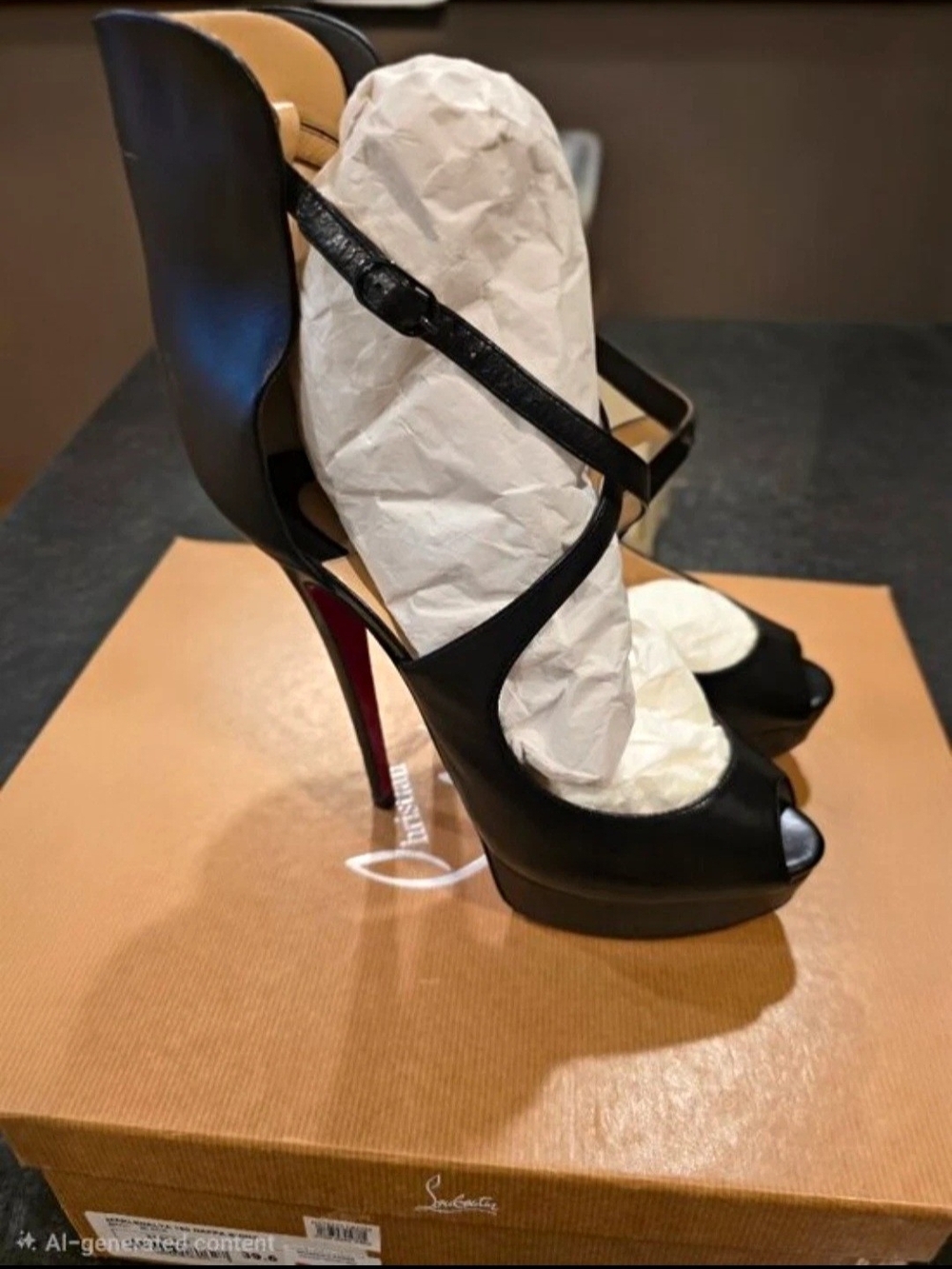 Christian Louboutin Black Leather Mary Jane Peep-Toe Platform Heels